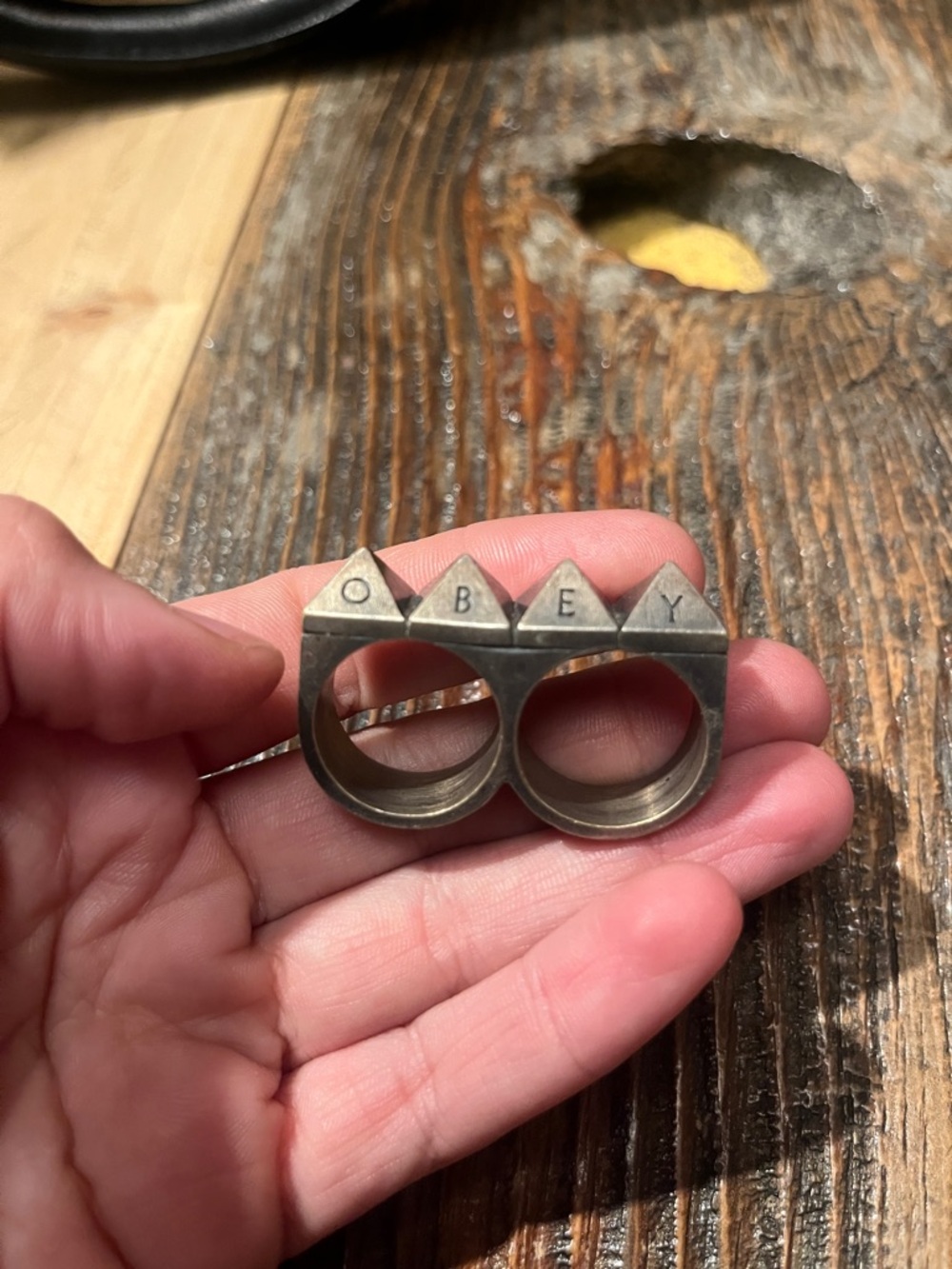 Vintage OBEY Pyramid Stud Double Finger Ring 2010